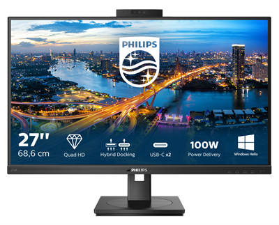 PHILIPS Монитор LCD 27'' 16:9 2560х1440(WQHD) IPS, nonGLARE, 75 Hz, 350 cd/m2, H178°/V178°, 1000:1, 50М:1, 16.7M, 4ms, HDMI, DP, 2xUSB-C, USB-Hub, Height adj, Pivot, Tilt, Swivel, Speakers, Camera, Black 276B1JH (00/01)-mrv1 - фото 2110994