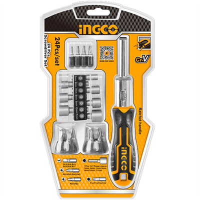 INGCO_HandTools Отвертка реверсивная с битами 24шт HKSDB0248,Набор Включает в себя: 16 шт. 6,35x25 мм Бит отвертки: SL3, SL4, SL5, SL6, SL6, SL7, PH1, PH2, PH2, PH3, PZ1, PZ2, T10, T15, T20, T25 ,7 шт. 1/ 4-дюймовая силовая головка: 5 мм, 6 мм, 7 мм, 8 мм HKSDB0248-mrv - фото 2299393