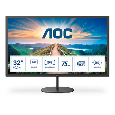 AOC Монитор LCD 31.5'' [16:9] 2560х1440(WQHD) IPS, nonGLARE, 75 Hz, 250 cd/m2, H178°/V178°, 1200:1, 20М:1, 16.7M, 4ms, HDMI, DP, Tilt, Speakers, 3Y, Black Q32V4-mrv1 - фото 2333549