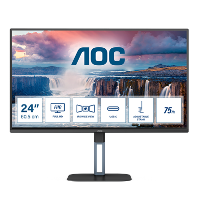 AOC Монитор LCD 23.8'' 16:9 1920х1080(FHD) IPS, nonGLARE, 75 Hz, 300 cd/m2, H178°/V178°, 1000:1, 20М:1, 16.7M, 1ms, HDMI, DP, USB-C, USB-Hub, Height adj, Pivot, Tilt, Swivel, Speakers, Black 24V5C-mrv1 - фото 3038543