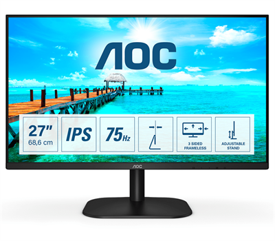 AOC Монитор LCD 27'' 16:9 1920х1080(FHD) IPS, nonGLARE, 250cd/m2, H178°/V178°, 1000:1, 20M:1, 16.7M, 4ms, VGA, DVI, HDMI, Tilt, Speakers, Black 27B2DA-mrv1 - фото 3038604