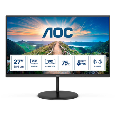 AOC Монитор LCD 27'' 16:9 2560х1440(WQHD) IPS, nonGLARE, 75 Hz, 250 cd/m2, H178°/V178°, 1000:1, 20М:1, 16.7M, 4ms, HDMI, DP, Tilt, Speakers, Audio out, Black Q27V4EA-mrv - фото 3038615