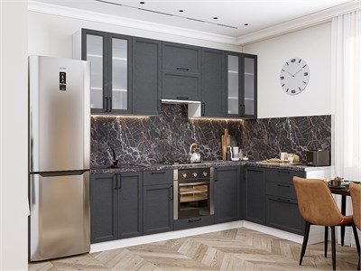 Кухонный гарнитур модульный Сканди-04 В*Ш*Г 2340*2650/1590*600, фасад МДФ/Стекло  Graphite Softwood, корпус  Белый, столешница  Мрамор черный ms2510VVT_24164