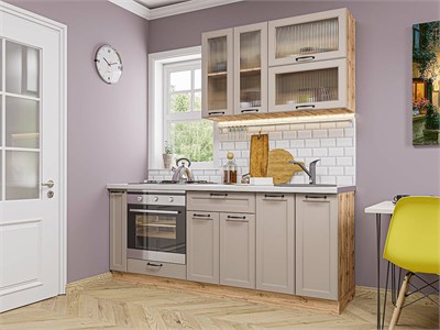 Кухонный гарнитур модульный Барселона-03 В*Ш*Г 2140*2000*600, фасад МДФ/Стекло  Кашемир, корпус  Дуб Вотан, столешница  Антарес ms2510VVT_77583
