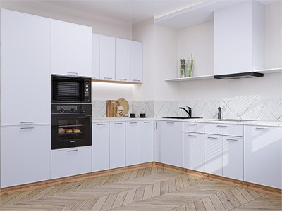 Кухонный гарнитур модульный Квадро-02 В*Ш*Г 2140*2400/2150*600, фасад МДФ  Белый, корпус  Дуб Вотан, столешница  Пирит светлый ms2510VVT_74592