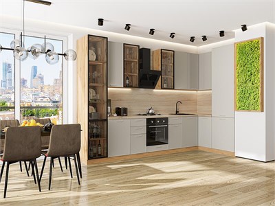 Кухонный гарнитур модульный Квадро-04 В*Ш*Г 2340*3400/1600*600, фасад МДФ  Кашемир, корпус  Дуб Вотан, столешница  Дуб сонома ms2510VVT_79617