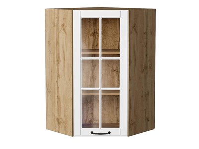Шкаф верхний угловой остекленный Дублин Дуб Вотан, Special White, 920 В*Ш*Г 920*600*600, фасад МДФ/Стекло  Special White, корпус  Дуб Вотан ms2510VVT_74281