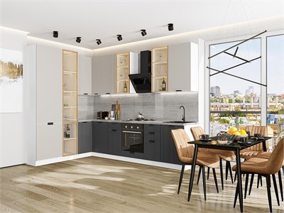 Кухонный гарнитур модульный Евро Лайн-07 В*Ш*Г 2340*2000/3000*600, фасад МДФ  Агат/Антрацит, корпус  Белый, столешница  Снежный мрамор ms2510VVT_79631