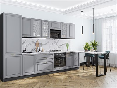 Кухонный гарнитур модульный Ницца-02 В*Ш*Г 2140*3300*600, фасад МДФ/Стекло  Графит, корпус  Graphite, столешница  Гранит белый ms2510VVT_77617