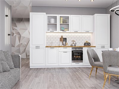 Кухонный гарнитур модульный Ницца Royal-01 В*Ш*Г 2140*3150*600, фасад МДФ/Стекло  Blanco, корпус  Белый, столешница  Дуб натуральный ms2510VVT_72109