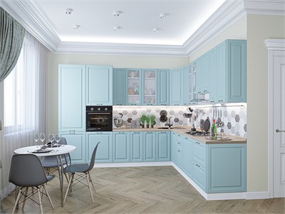 Кухонный гарнитур модульный Ницца-04 В*Ш*Г 2340*3200/2700*600, фасад МДФ/Стекло  Голубой, корпус  Белый, столешница  Редондо ms2510VVT_77627