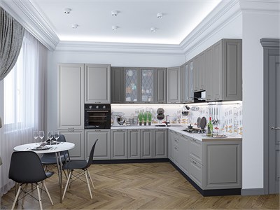 Кухонный гарнитур модульный Ницца-04 В*Ш*Г 2340*3200/2700*600, фасад МДФ/Стекло  Графит, корпус  Graphite, столешница  Гранит белый ms2510VVT_77629