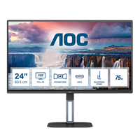 AOC Монитор LCD 23.8'' 16:9 1920х1080(FHD) IPS, nonGLARE, 75 Hz, 300 cd/m2, H178°/V178°, 1000:1, 20М:1, 16.7M, 1ms, HDMI, DP, USB-C, USB-Hub, Height adj, Pivot, Tilt, Swivel, Speakers, Black 24V5C-mrv1