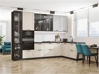 Кухонный гарнитур модульный Нео-04 В*Ш*Г 2340*3200/1800*600, фасад МДФ/Стекло  Grey Silk/Cream Silk, корпус  Graphite, столешница  Мрамор черный ms2510VVT_80721