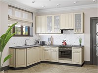 Кухонный гарнитур модульный Ницца-03 В*Ш*Г 2340*1890/2400*600, фасад МДФ/Стекло  Дуб крем, корпус  Graphite, столешница  Черный детройт ms2510VVT_77619